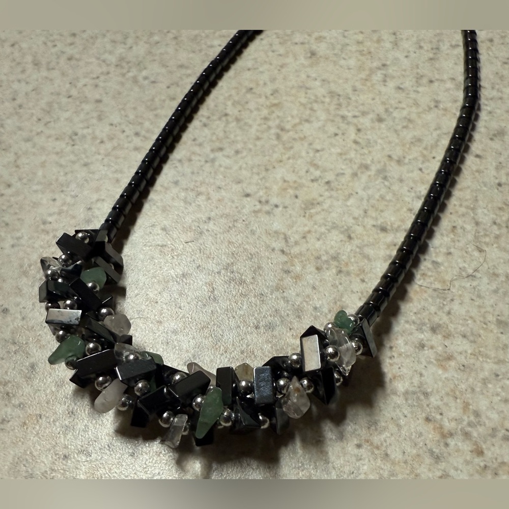 Hematite Stone Beaded Necklace Black Quartz Crystal Statement Necklace Spiritual - Picture 3 of 6